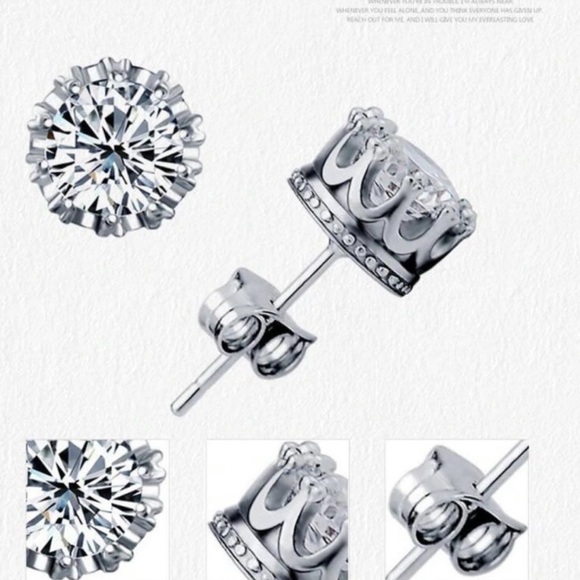 925 Sterling Silver Diamond Crown Stud Earrings - Picture 7 of 7